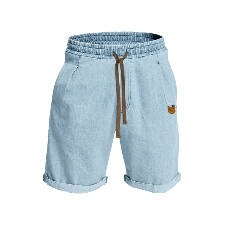 Men Casual Solid Color Drawstring Cotton Denim Shorts