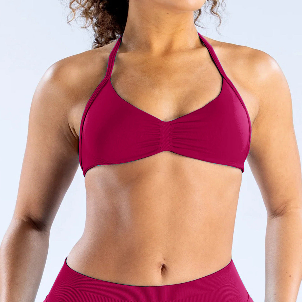 Soutien-gorge de sport sexy en nylon sans coutures, couleur unie, col licou, pour le yoga et le sport