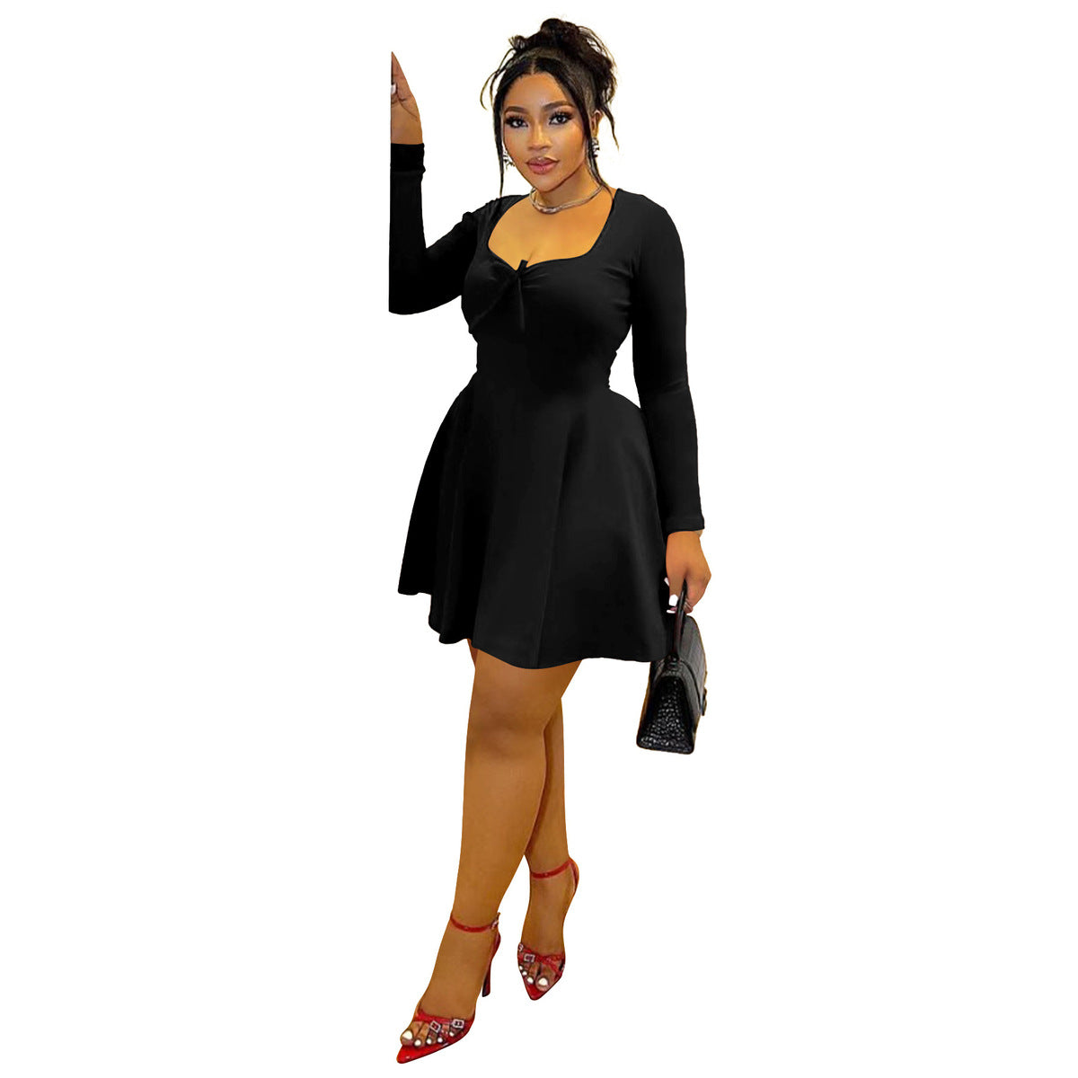 Women Fashion Casual Solid Color Plus Size Long Sleeve Dress