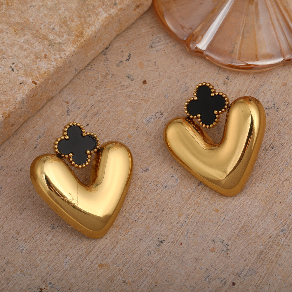 Personalized Heart-Shaped Four-Leaf Clover Earrings Stainless Steel Fashion OL