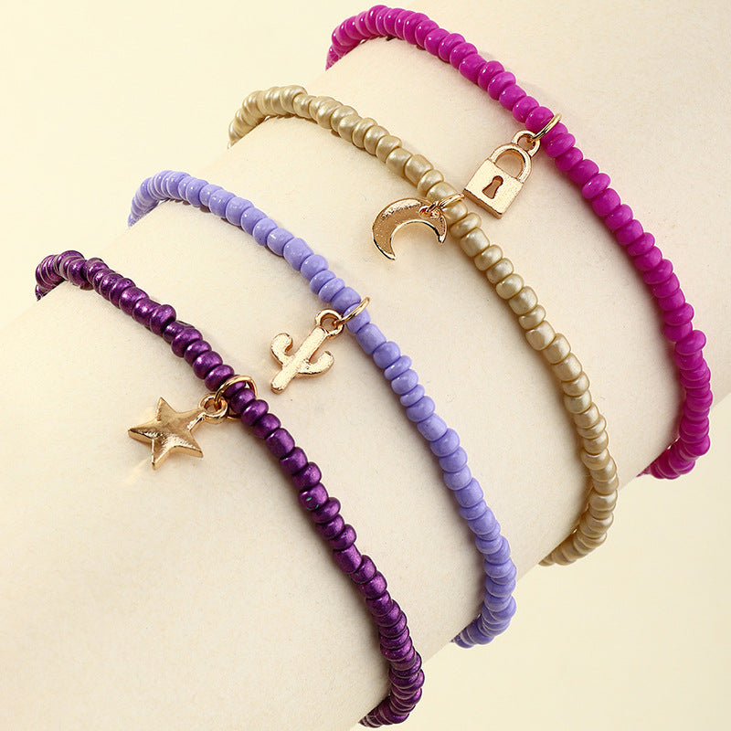 Conjunto de tobilleras con candado bohemio, estrella creciente y cactus