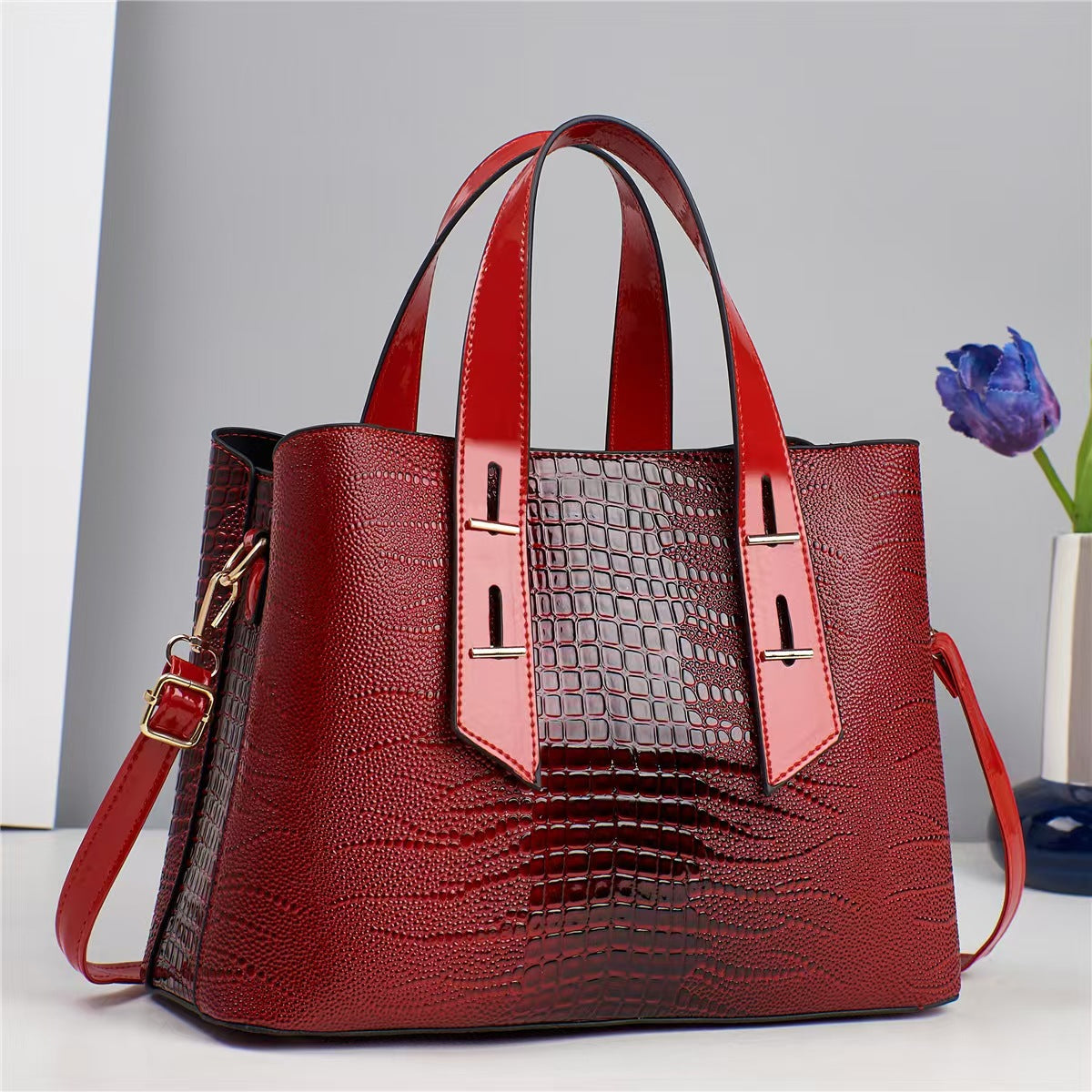 Sac à main décontracté de grande capacité pour femme, couleur unie, motif crocodile