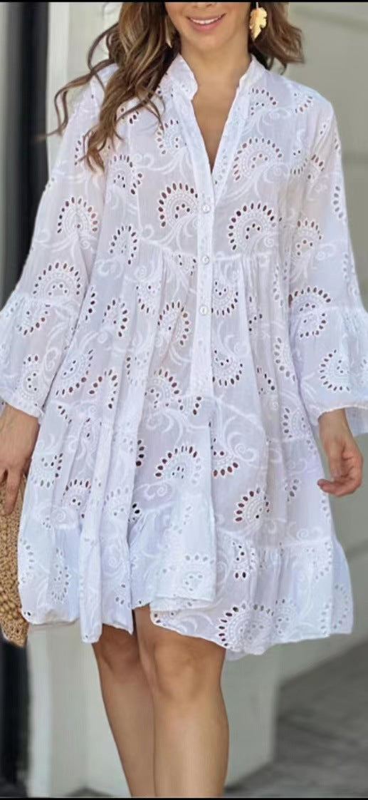 Women Fashion Elegant Solid Color V-Neck Cotton Dress