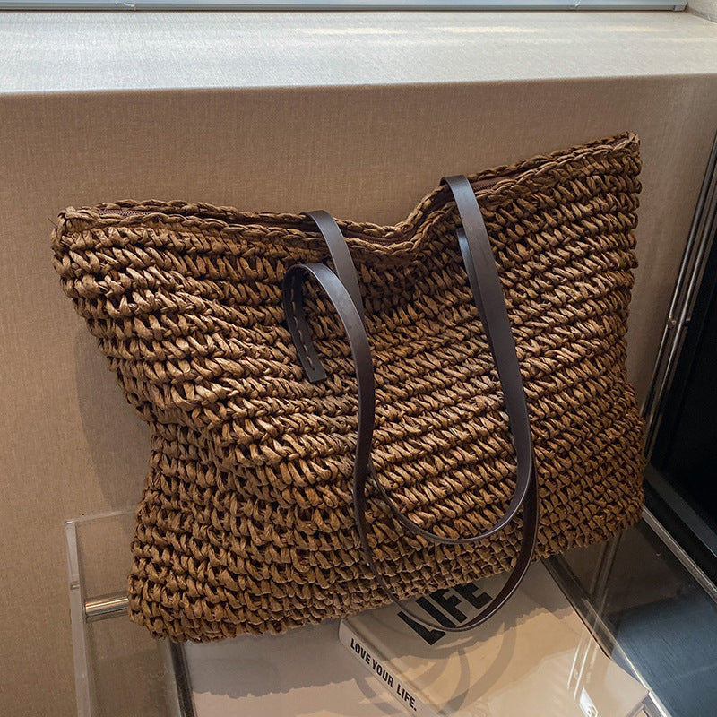 Women Fashion Casual Solid Color Straw Woven Tote Bag with Large Capacity