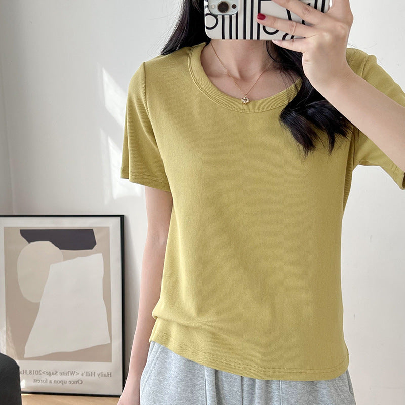 Fashion Basic Women Solid Color Rib-Knit Short Sleeve Blank T-Shirt