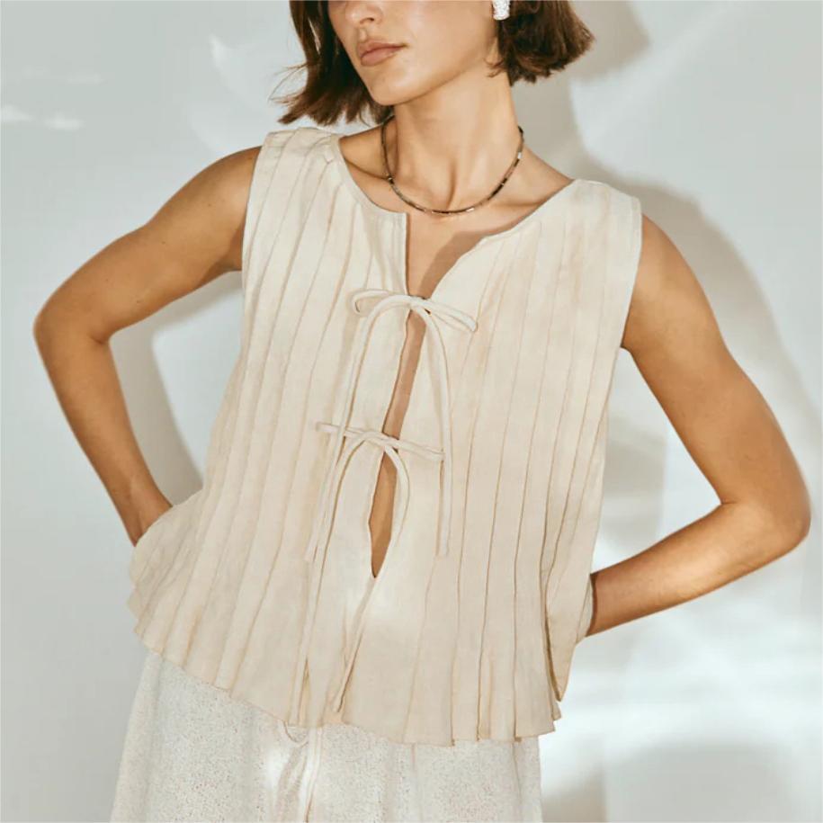 Spring And Summer Women Cotton Linen Lace-Up Blouse
