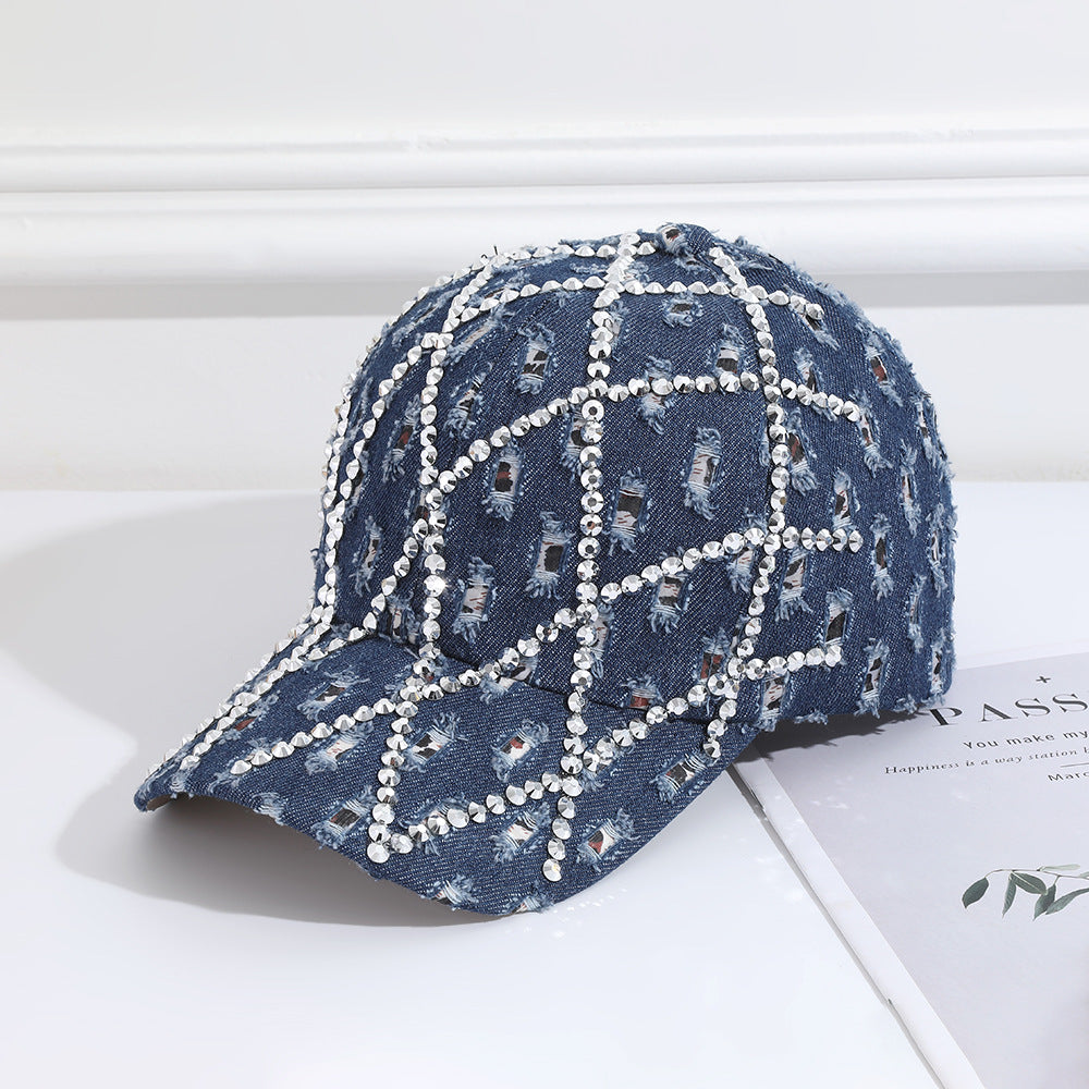 Gorra de béisbol vaquera rasgada con diamantes de imitación para mujer