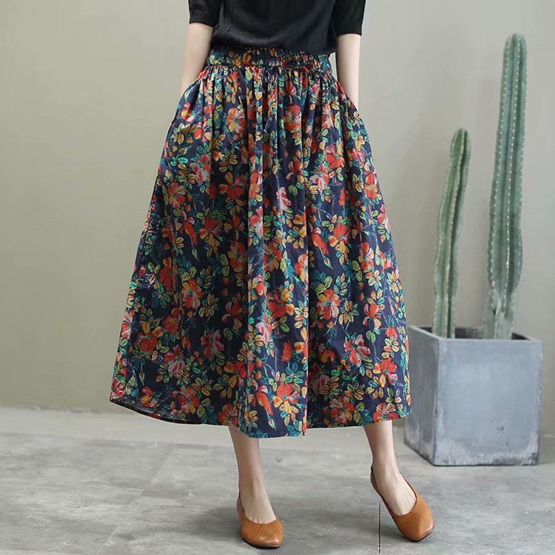 Falda holgada de algodón y lino con estampado floral para mujer