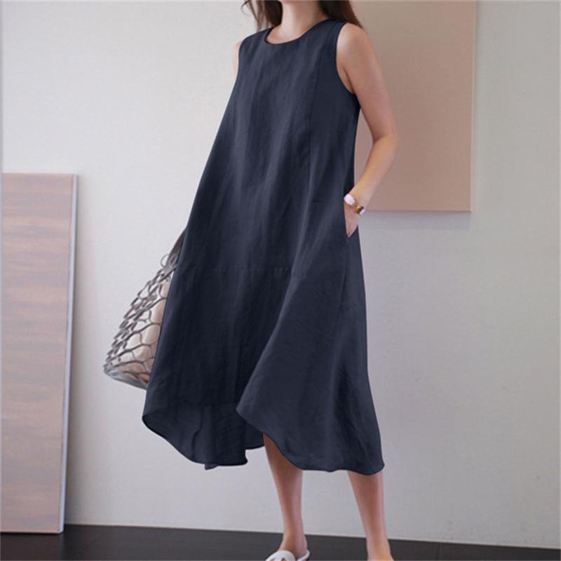 Robe décontractée sans manches en coton et lin de couleur unie pour femme