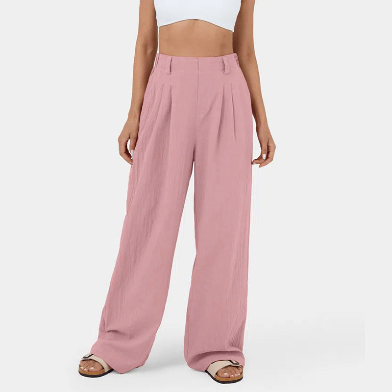 Pantalones casuales de algodón con cintura alta y pierna ancha para mujer
