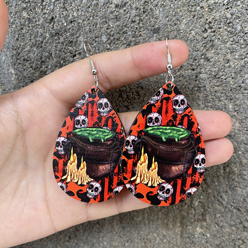 Pendientes colgantes de madera con diseño de calavera para Halloween para mujer