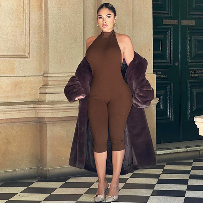 Women Fashion Sexy Solid Color Sleeveless Backless Slim Fit Jumpsuit