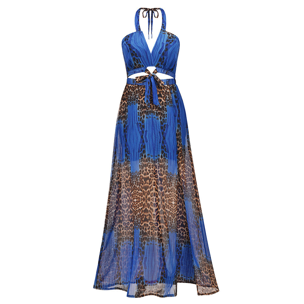 Robe élégante bohème à imprimé léopard et dos nu en mousseline de soie pour femme