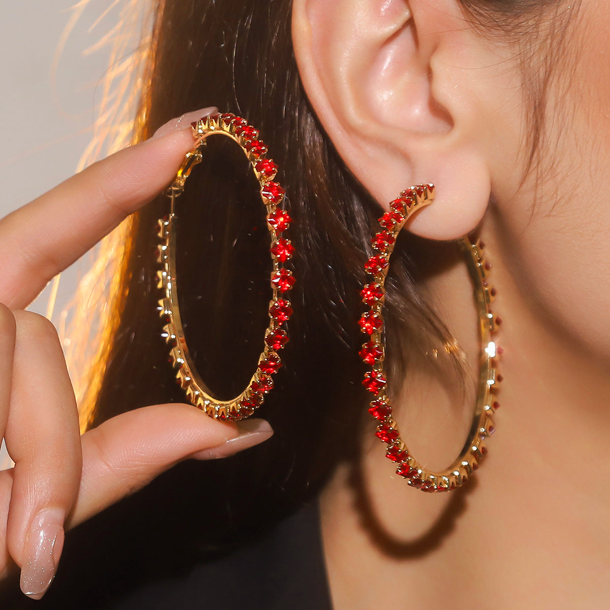 Exaggerated Rhinestone Hoop Earrings with Geometric Style