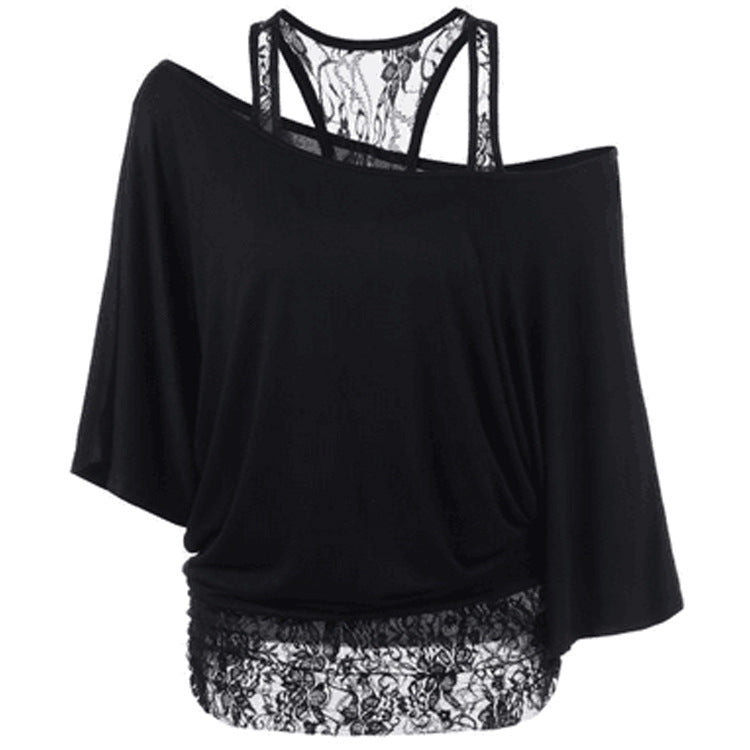Plus Size Lace Splicing Slanted Shoulder T-Shirt