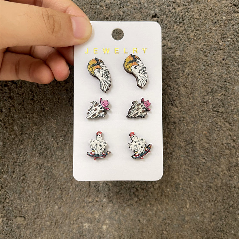 Halloween Women Wooden Earrings Set with Pumpkins Bats Ghosts