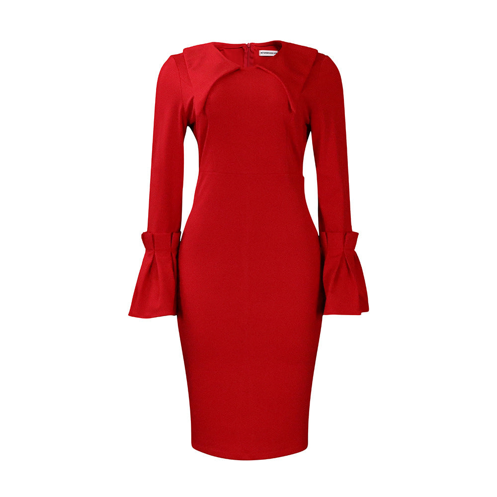 Women Fashion Elegant Solid Color Long Sleeve Dress