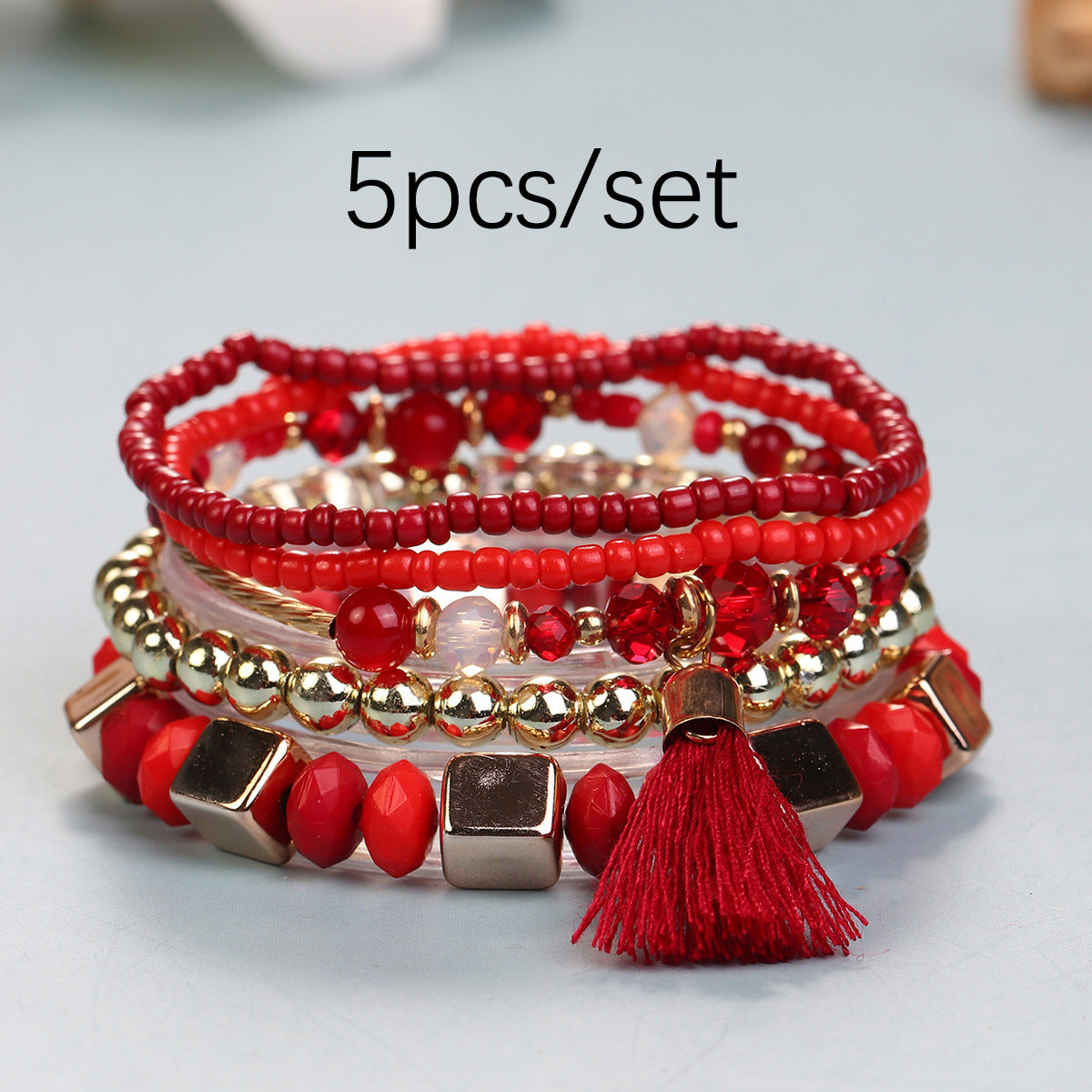 Conjunto de pulseras multicapa con flecos y cuentas bohemias
