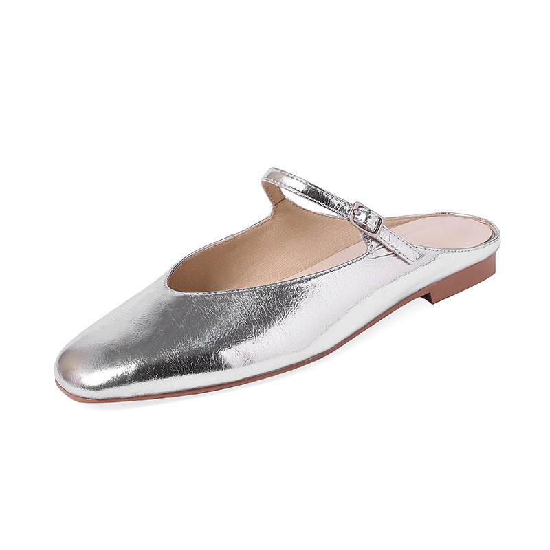 Zapatos planos plateados estilo Mary Jane con boca en V para mujer