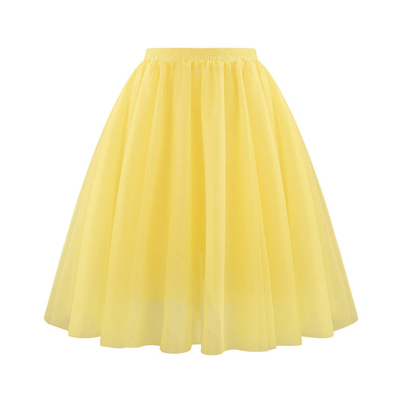 Women Fashion Elegant Solid Color High Waist Pleated Mesh Skirt