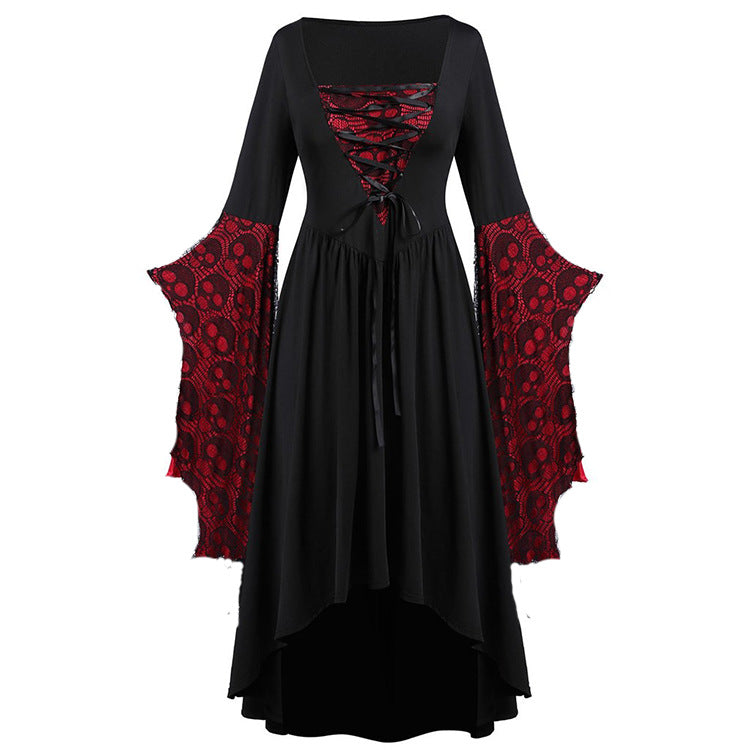 Plus Size Gothic Skull Lace Dress With Lotus Sleeves
