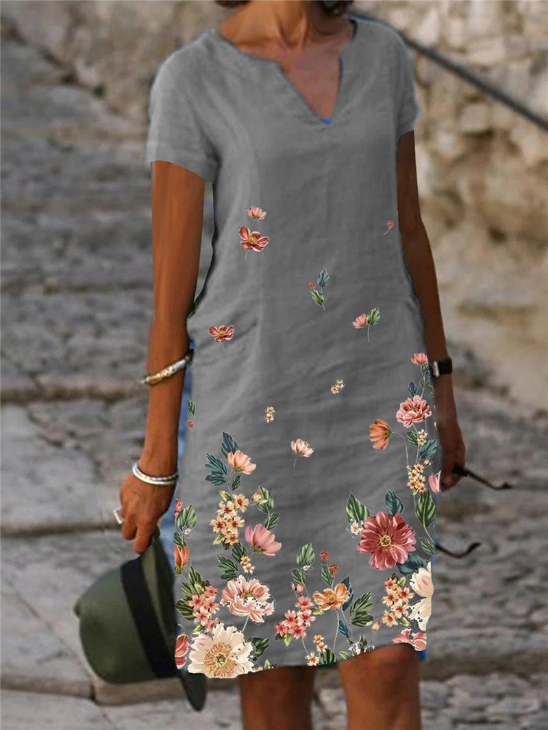 Vestido informal de mujer con estampado floral, manga corta y cuello en V