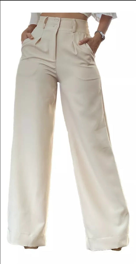 Women Fashion Casual Solid Color High Waist Wide Leg Pants