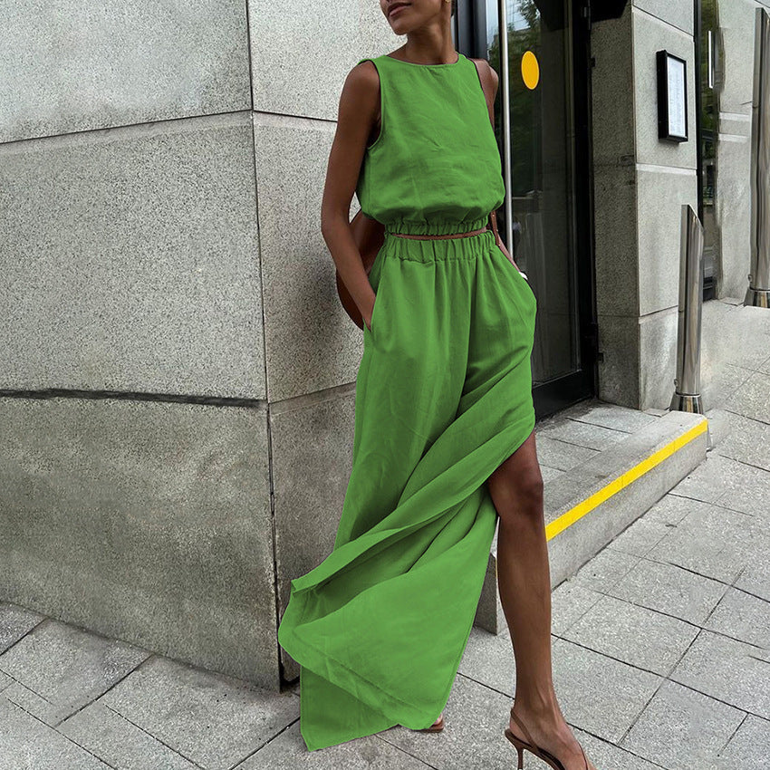 Women Sleeveless Casual Cotton Linen Two-Piece Set with Side Slits