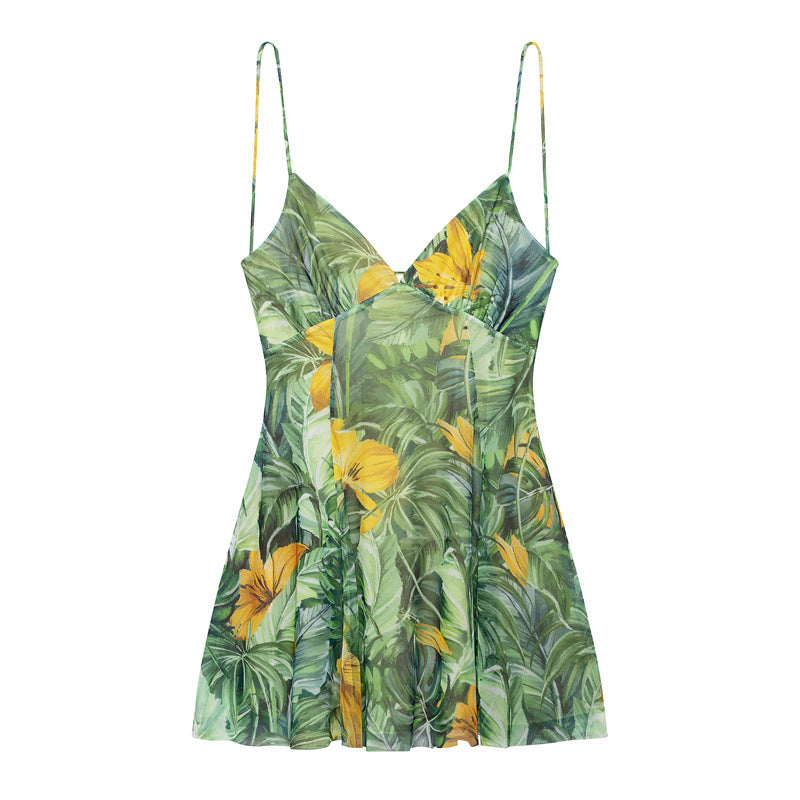 Summer Floral Leaf Leopard Polka Dot Sling Dress - Elegant Polyester Style
