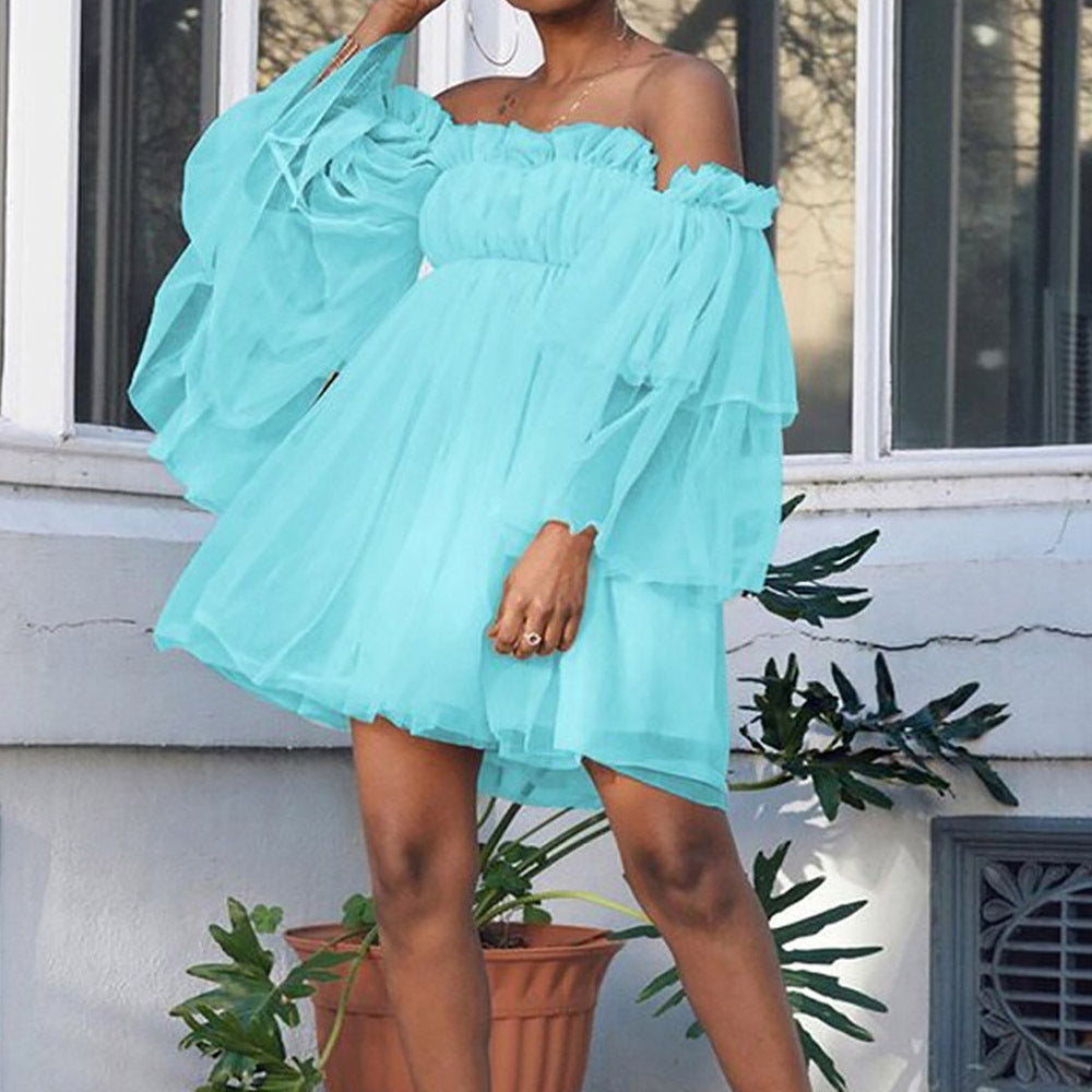 Vestido elegante de color liso con volantes y hombros descubiertos para mujer