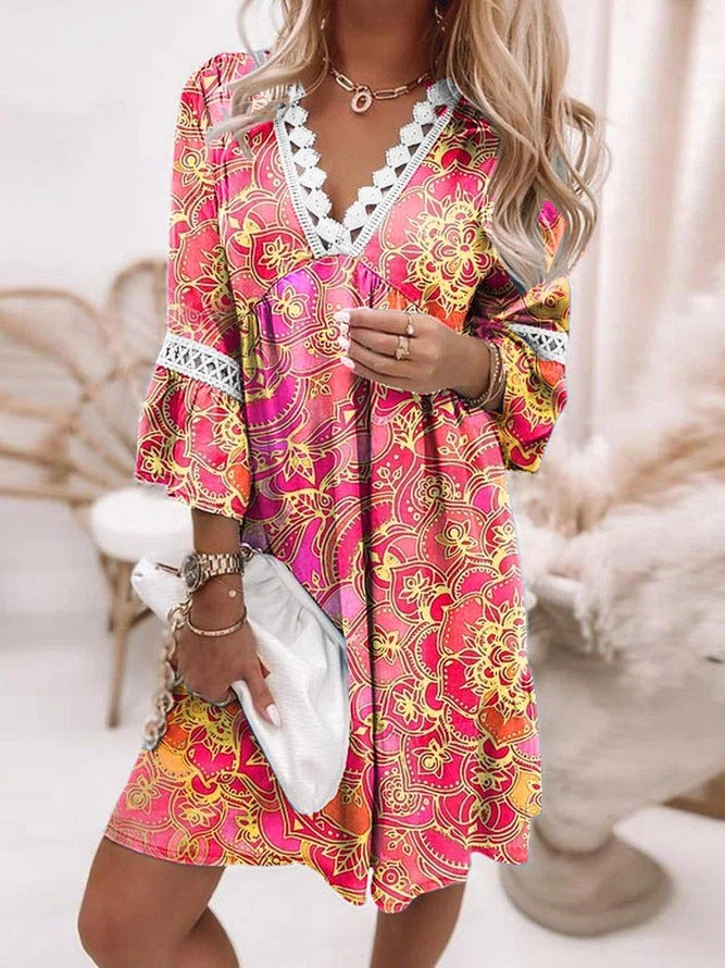 Spring Elegant Bohemian Women Long-Sleeved V Neck Ruffled Lace Dress