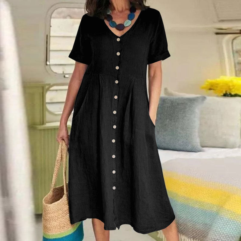 Robe midi taille haute en coton et lin, couleurs unies