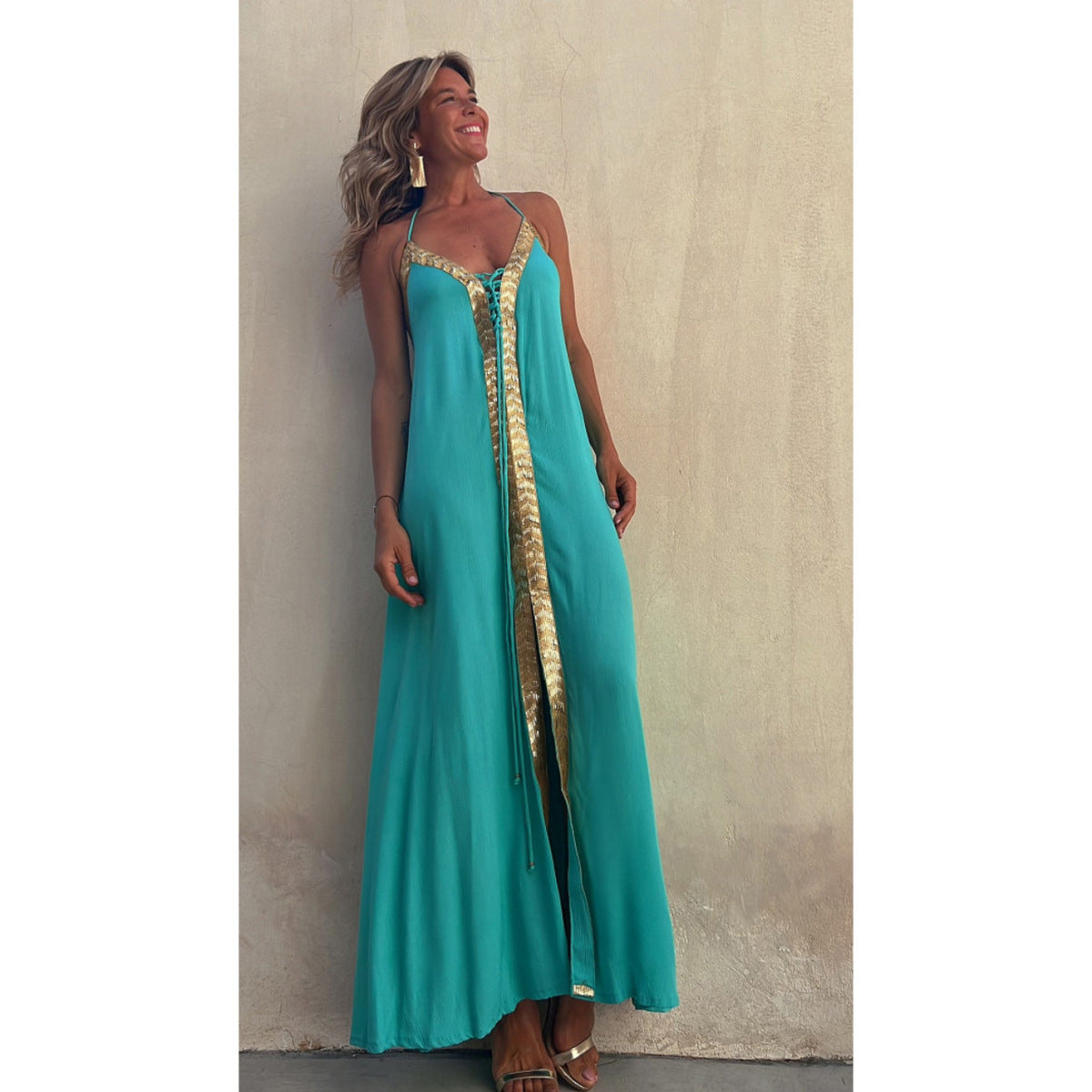 Vestido largo informal de verano con cuello halter y mangas abullonadas para primavera y verano