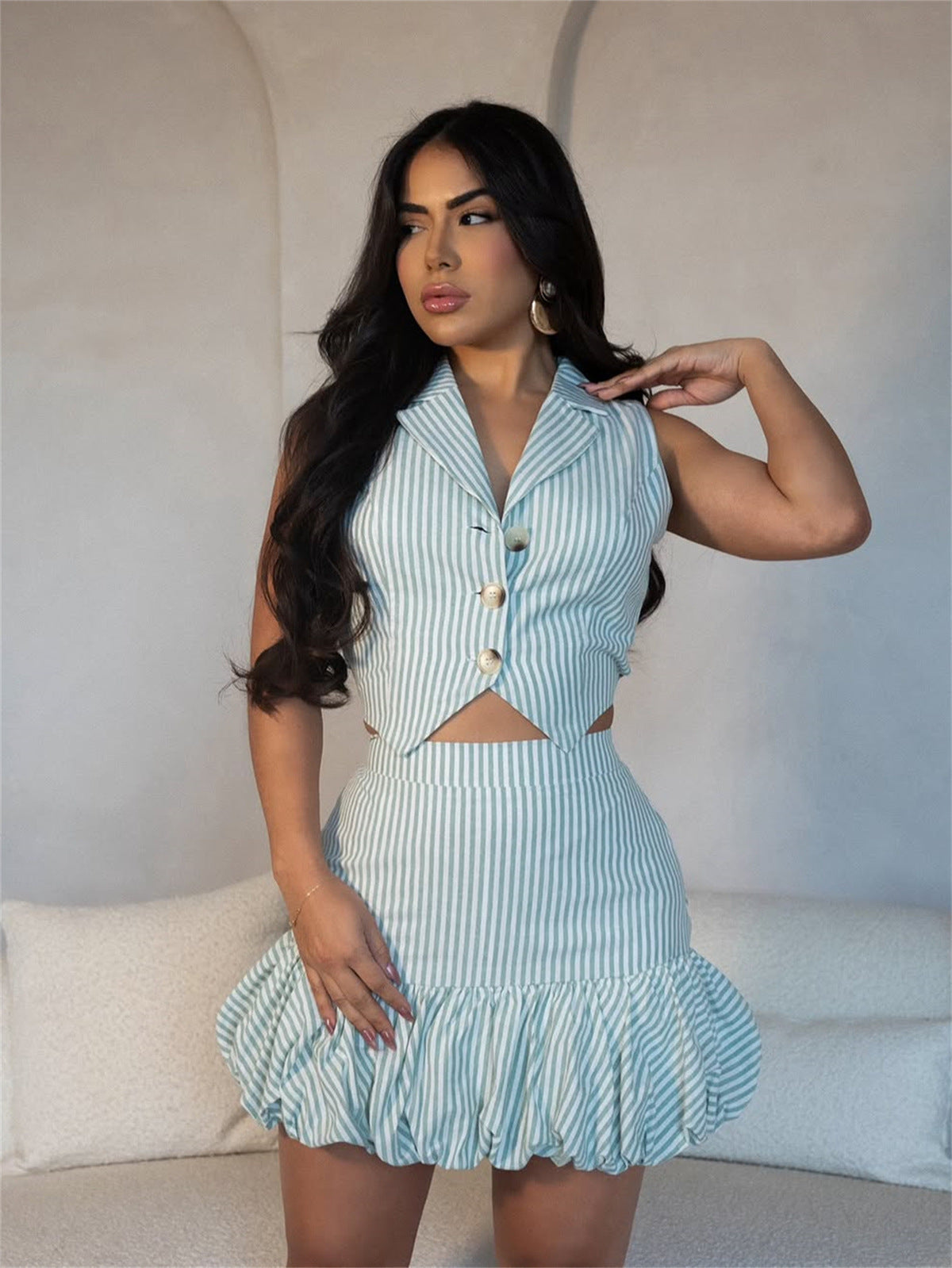 Ensemble débardeur sexy à rayures contrastées et col en V pour femme