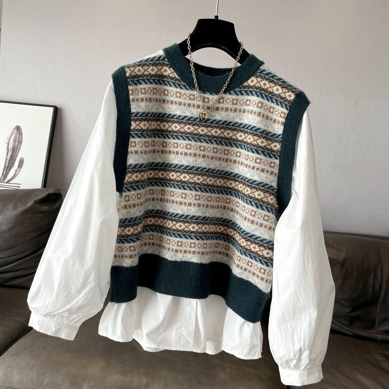 Blusa de dos piezas con costuras falsas informales a la moda para mujer