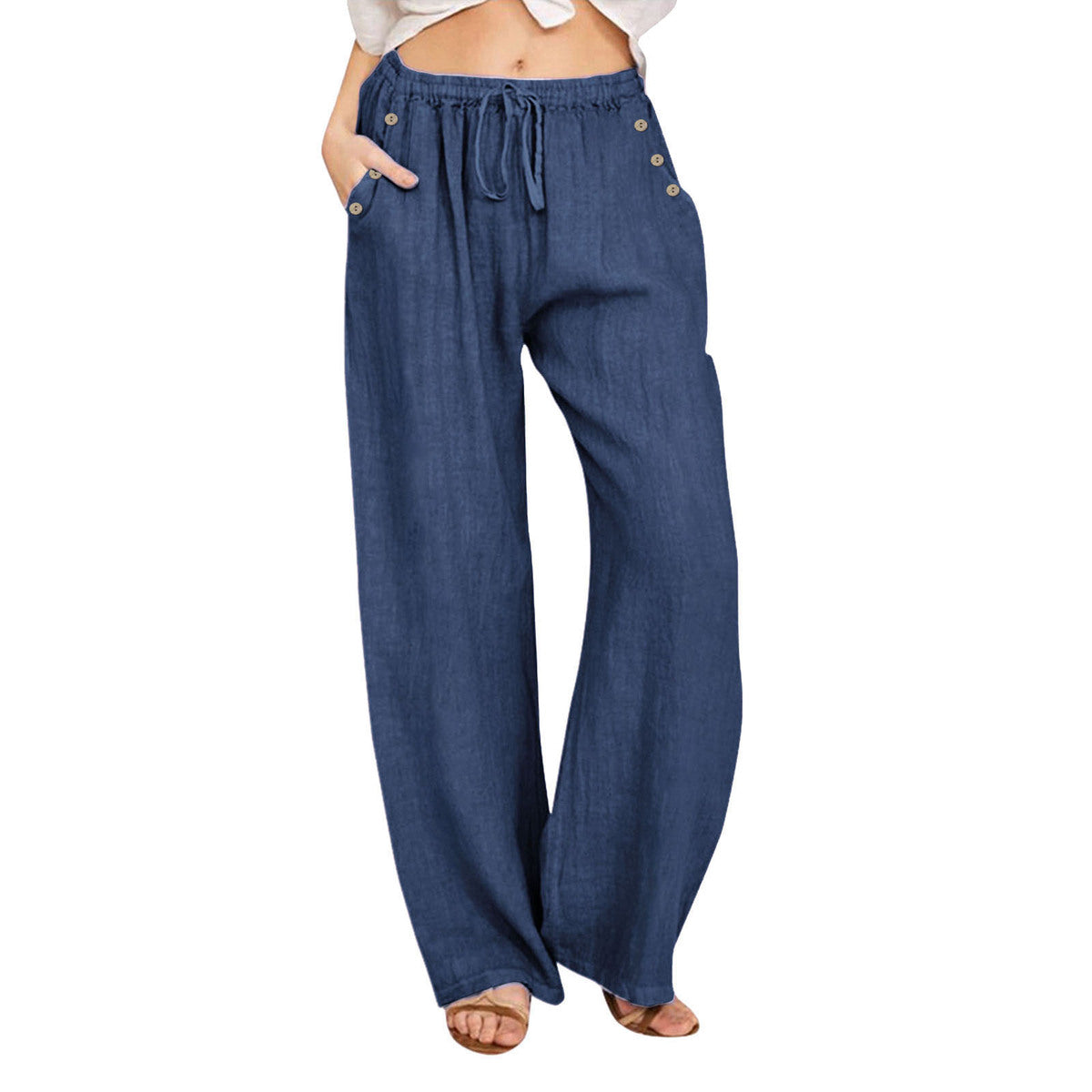 Pantalon décontracté en coton et lin de couleur unie pour femme