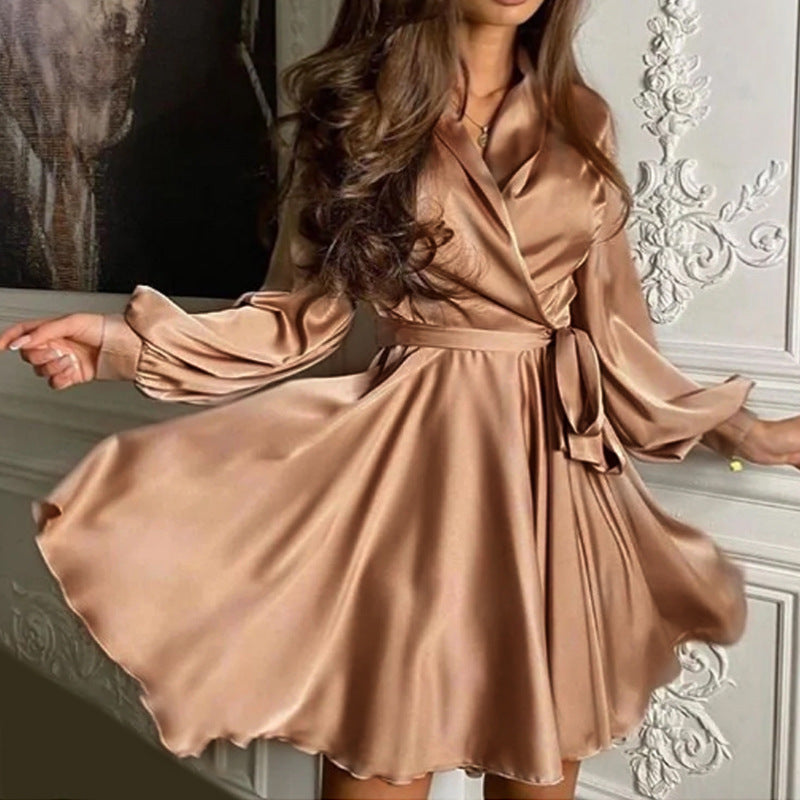 Vestido de satén liso con cuello en V y manga larga para mujer