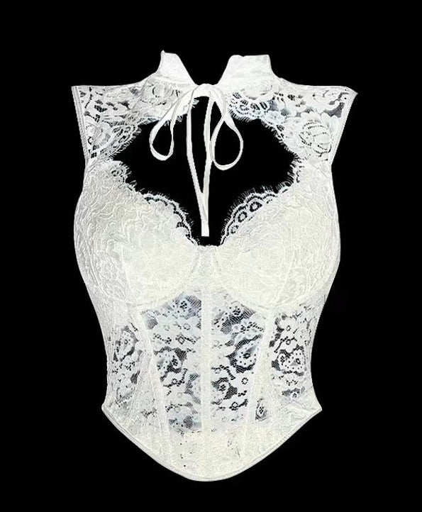 Débardeur sans manches en dentelle de couleur unie et sexy pour femme