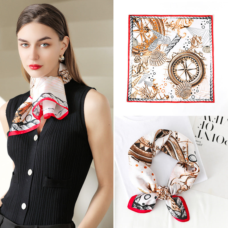 Bufanda de seda cuadrada con estampado de ruleta clásica para mujer, accesorio elegante