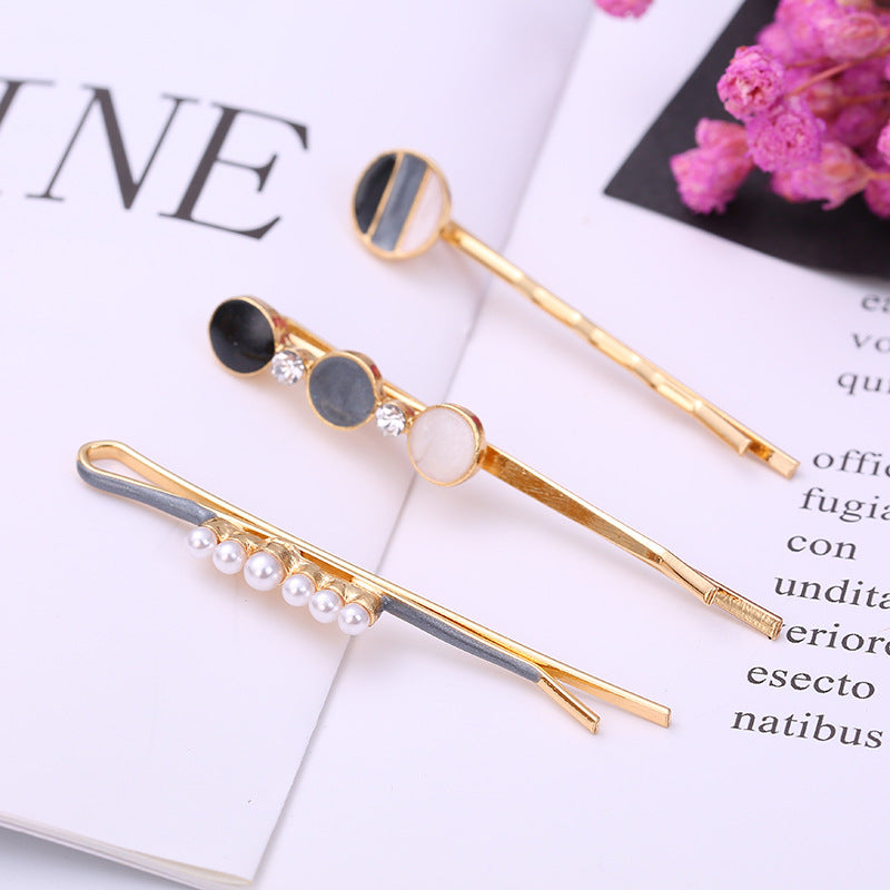 Women Fashion Round Multicolor Beads Rhinestone Hairpin Set