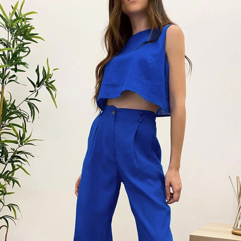 Ensemble deux pièces en coton et lin pour femme - Style décontracté