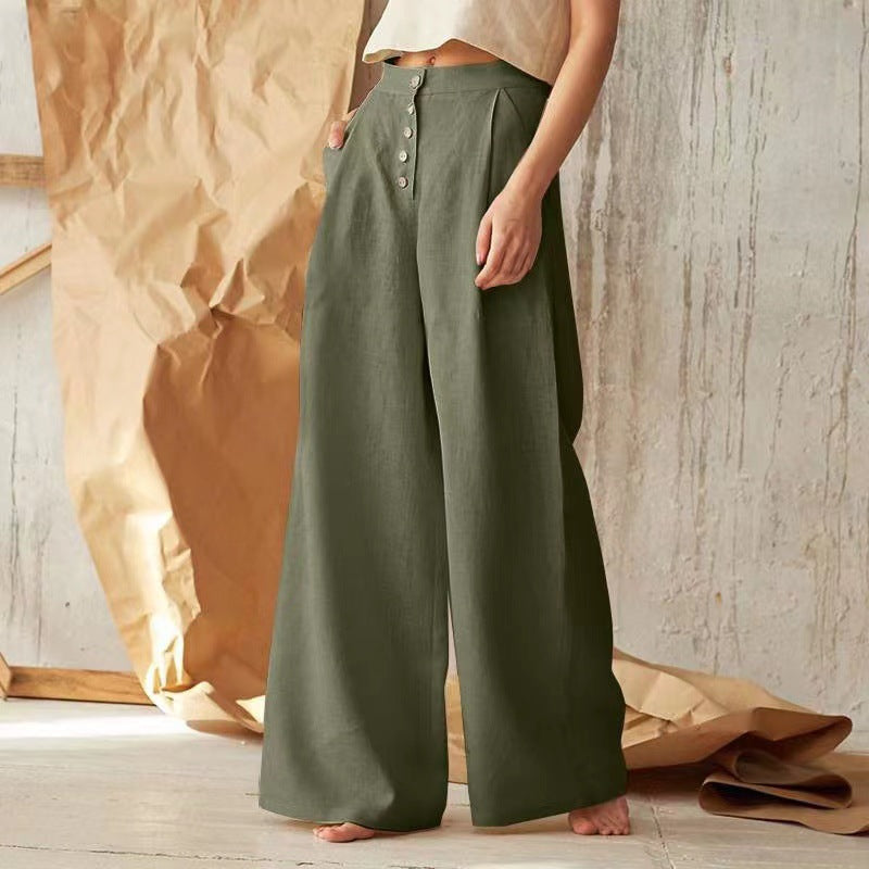 Pantalon décontracté en coton et lin de couleur unie pour femme