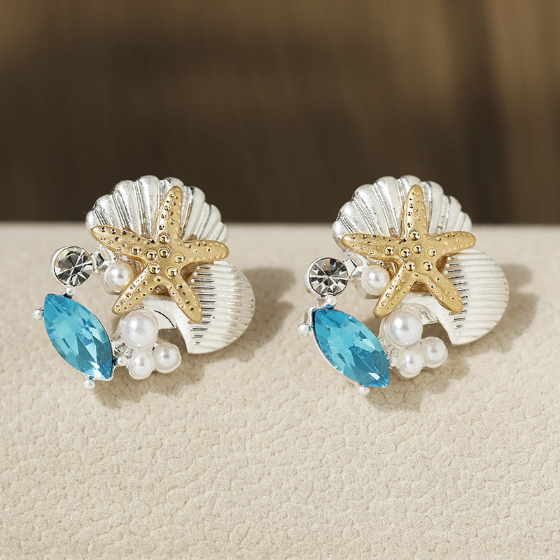 Pendientes de cristal con forma de estrella de mar, concha y perla para mujer, a la moda, para vacaciones, dorados y plateados.