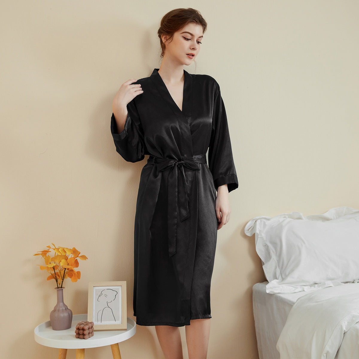Pyjama à lacets et manches longues en satin pour femme, style décontracté et ample