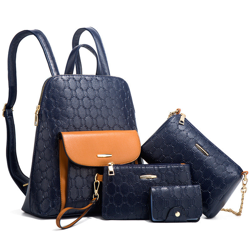 Conjunto de mochila y bolso bandolera con cadena de PU en relieve para mujer