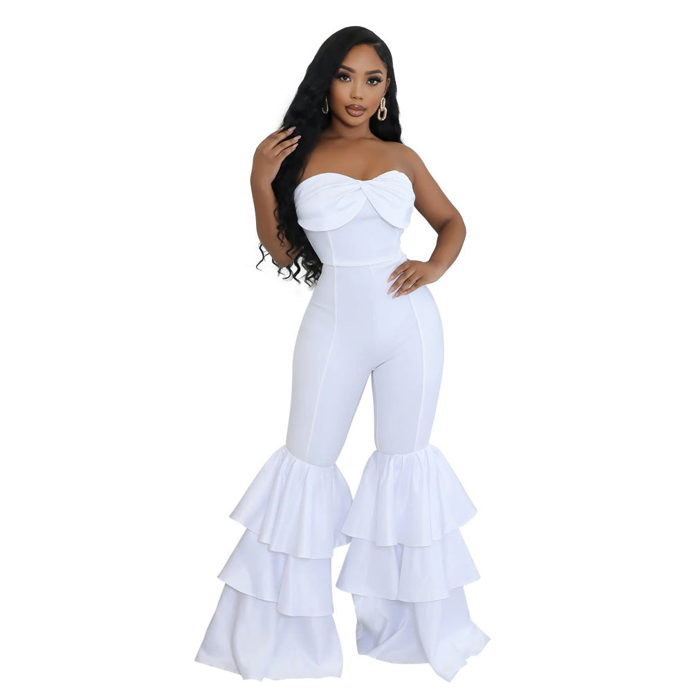 Women Fashion Sexy Strapless Ruffled Jumpsuit