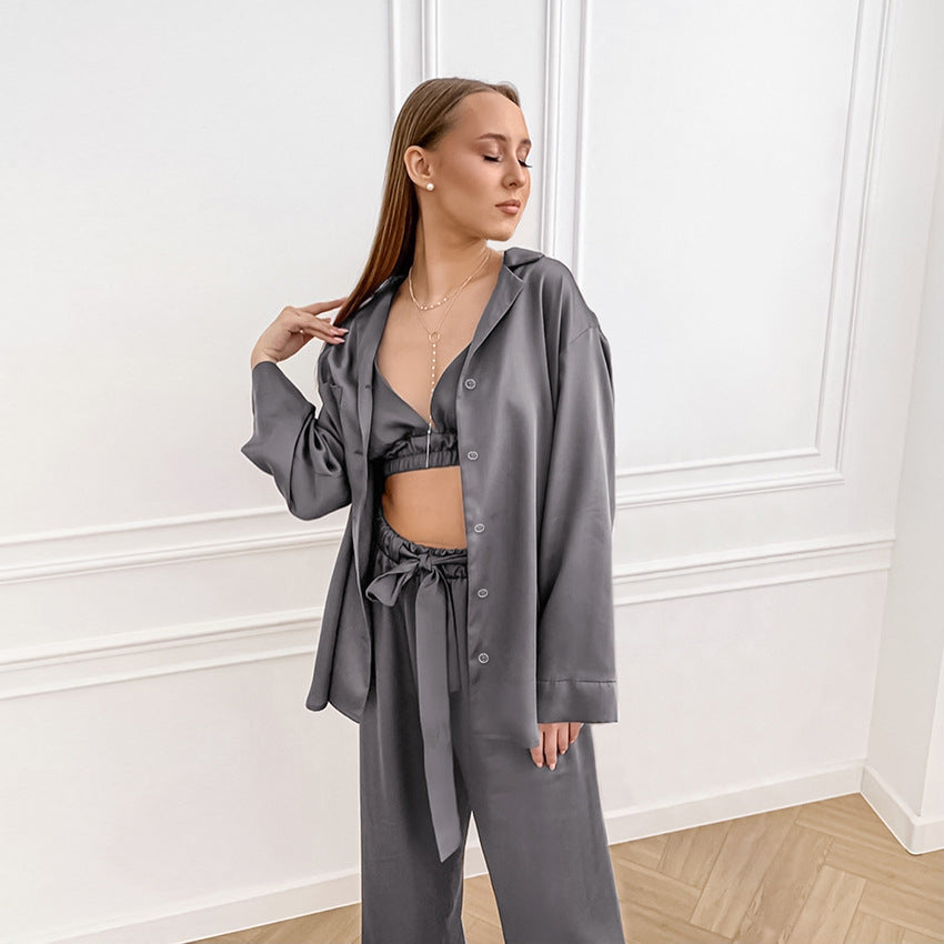 Women Fashion Sexy Sling Silk Jacket Pants Home Pajamas Set