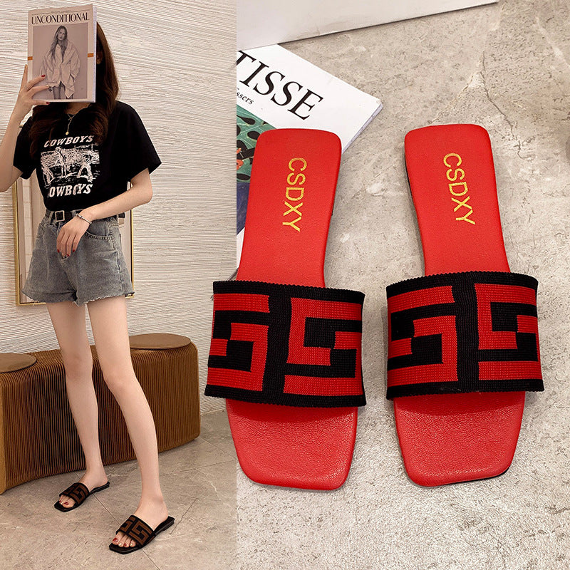 Casual Square-Toe Flat Slippers with Artificial PU Upper