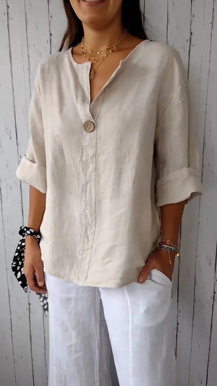 Camisa de lino y algodón de color liso, holgada e informal para mujer, cómoda y elegante.