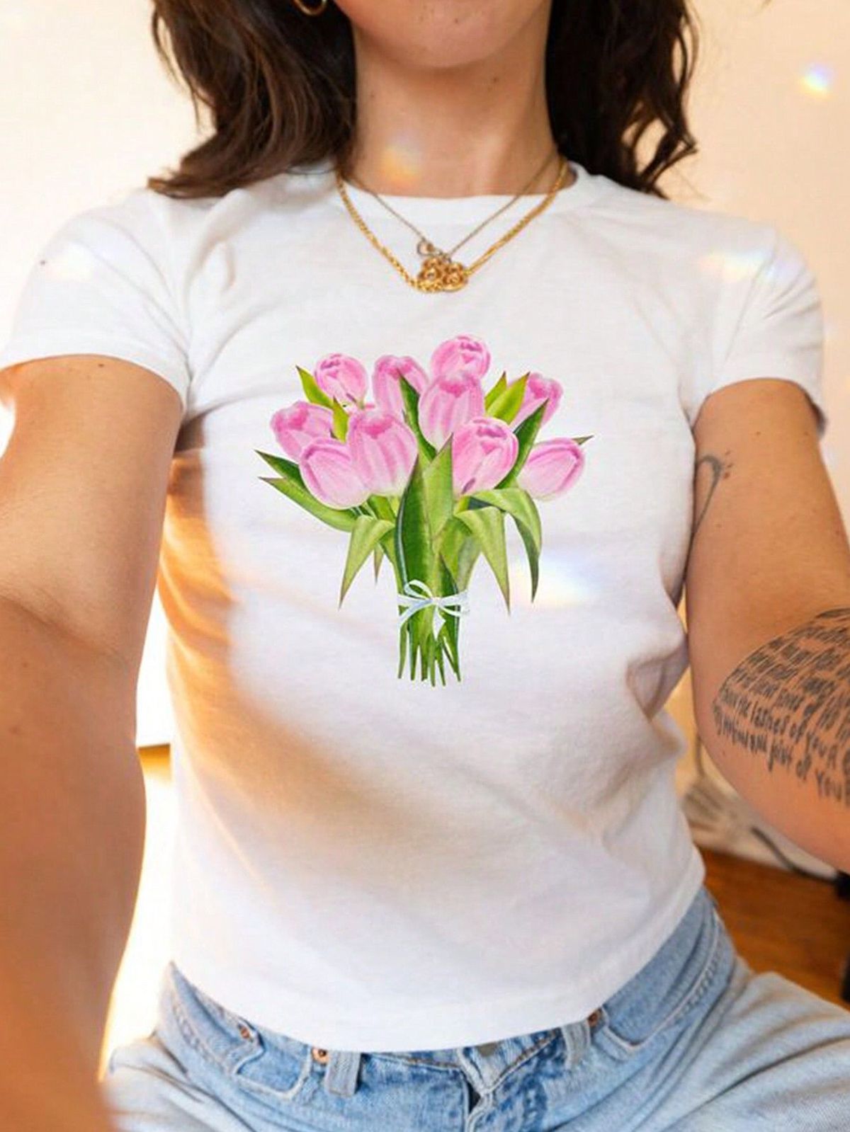 Women Fashion Casual Printed Short-Sleeve Slim-Fit Crop Top